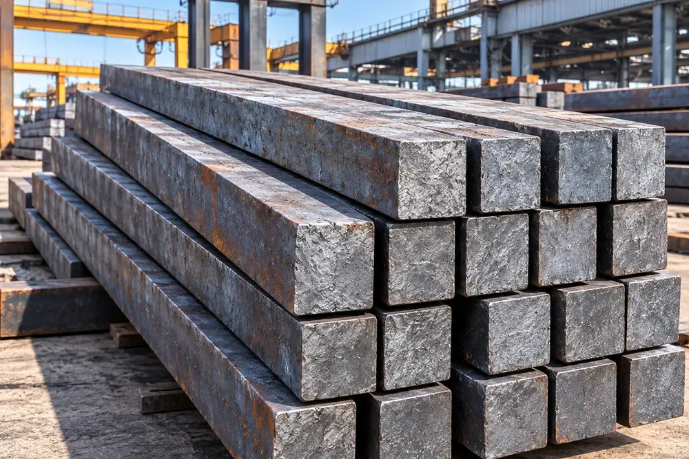 Steel Billets Steel Billets – Semi Finished Steel – stack of square continuous-cast MS billets at a steel plant yard