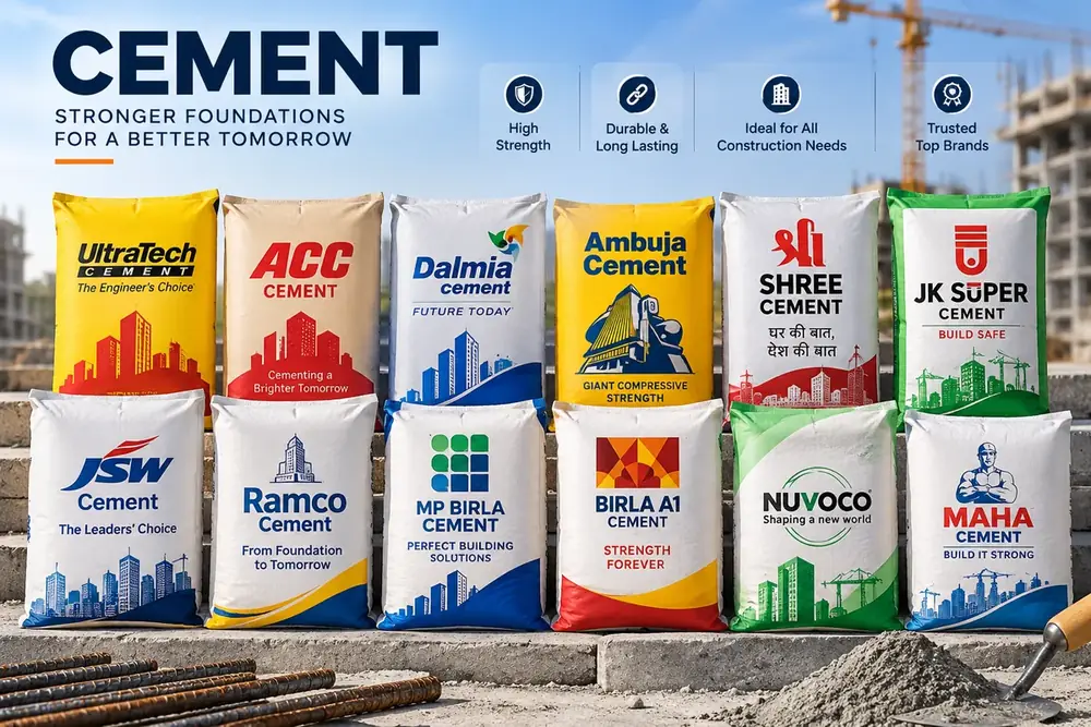 Cement – ZEDEXMART – bags of top cement brands – UltraTech, ACC, Dalmia, Ambuja, Shree, JK Super, JSW, Ramco, MP Birla, Birla A1, Nuvoco and Maha – at a construction site