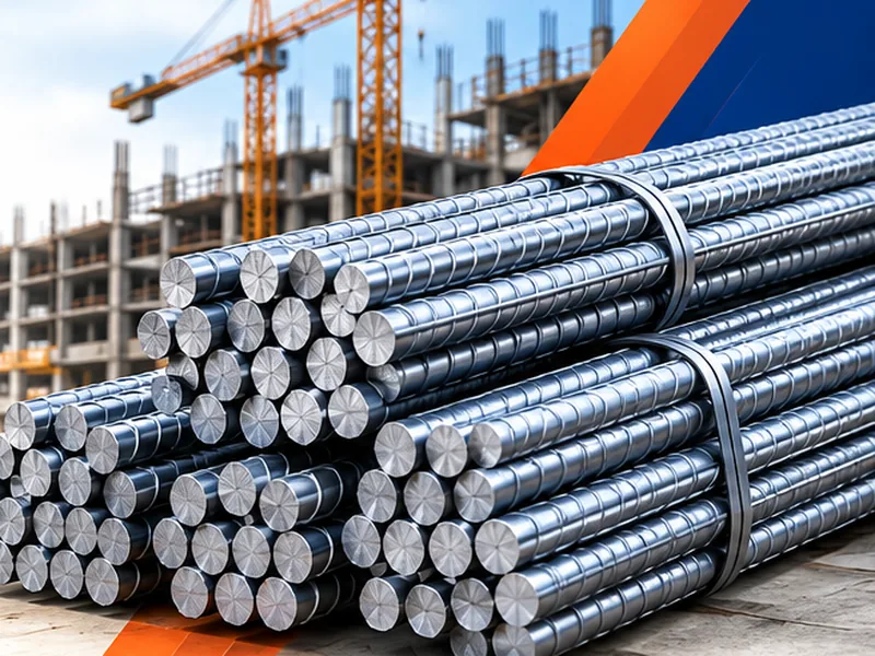 Long Steel Products – ZEDEXMART – bundles of TMT steel bars at a building construction site