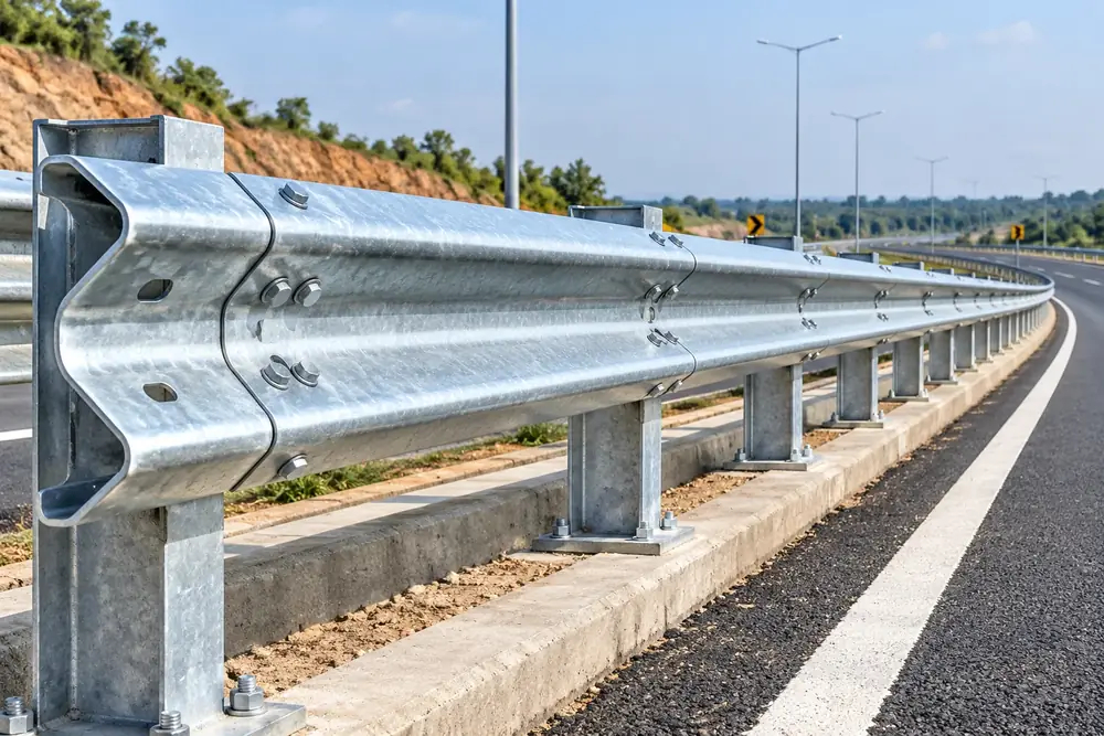 Metal Beam Crash Barrier – Long Steel Products | ZEDEXMART – galvanised W-beam metal crash barrier with steel posts installed along a highway
