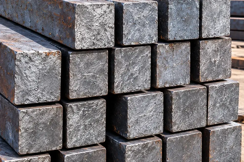 MS Bloom – Semi Finished Steel | ZEDEXMART – close-up of large square-section steel blooms with mill scale
