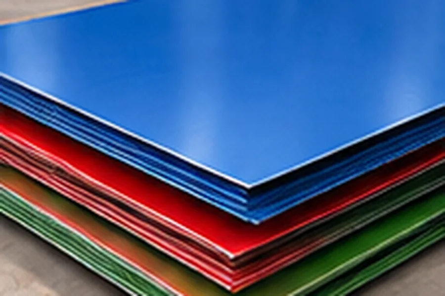 PPGL Sheet PPGL Sheet – Flat Steel Products – stack of colour coated PPGL galvalume sheets